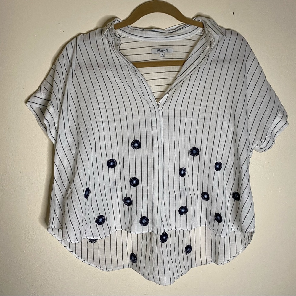 Madewell White and Black Striped Blouse with Floral Embroidery
